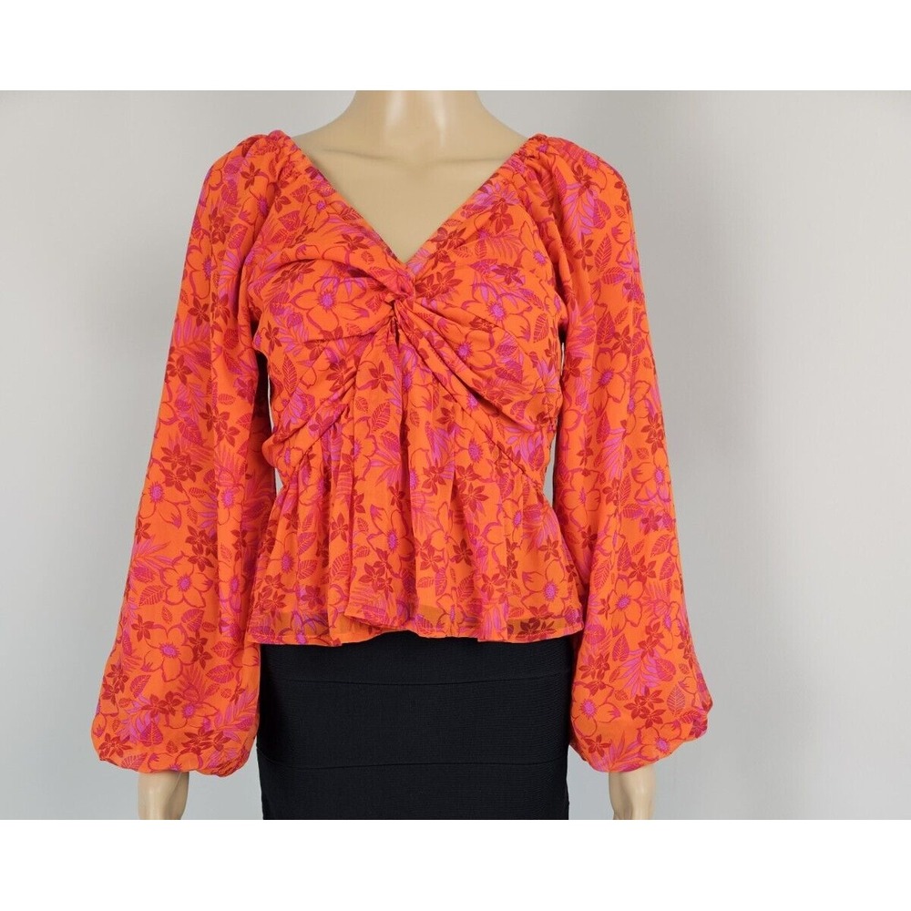 VICI Dolls Orange Pink Floral Twist Front Peplum Balloon Sleeve Blouse XS
